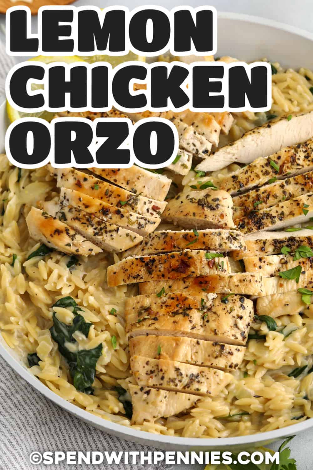 Lemon Chicken Orzo in a bowl with a title