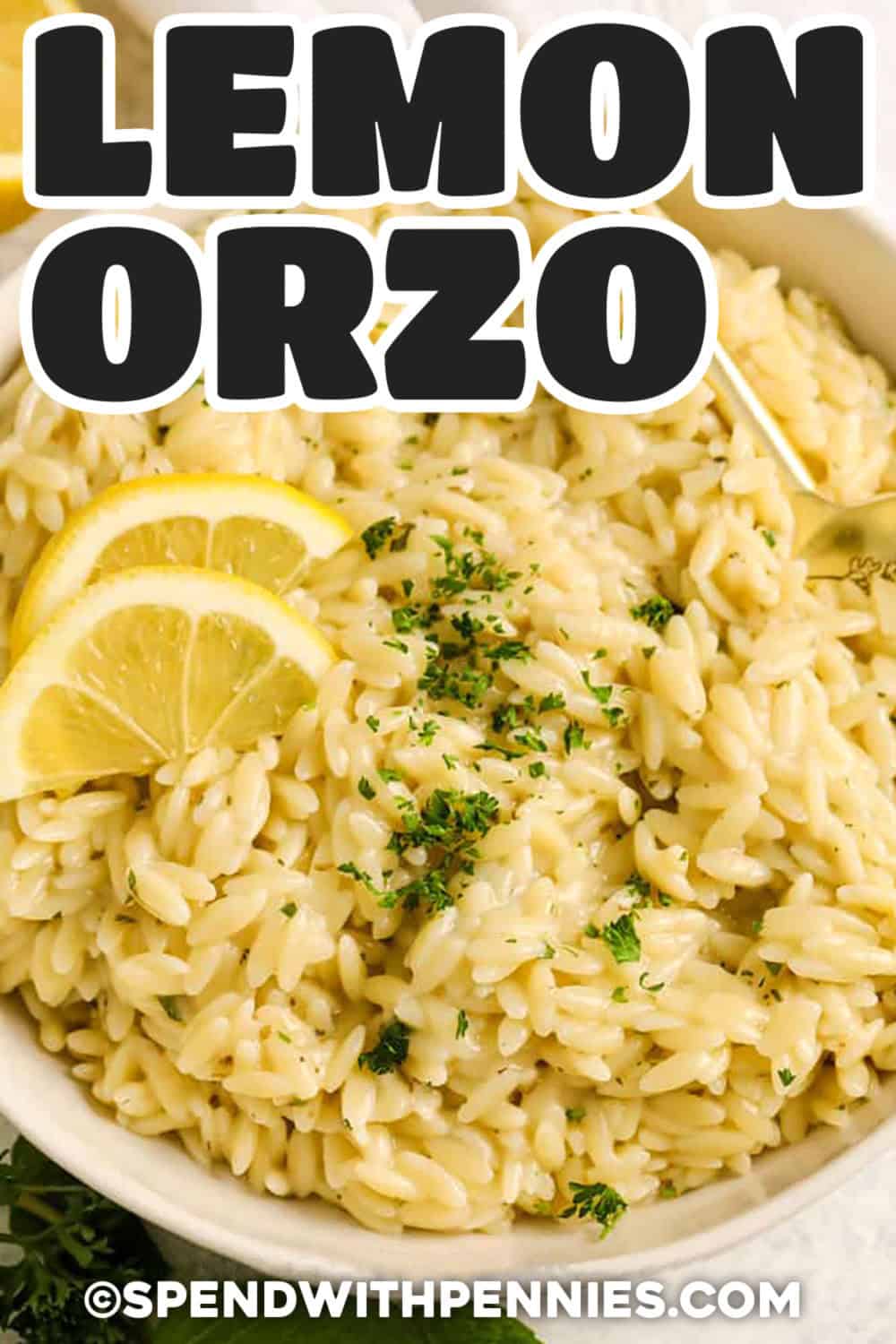Lemon Orzo in a bowl with a title
