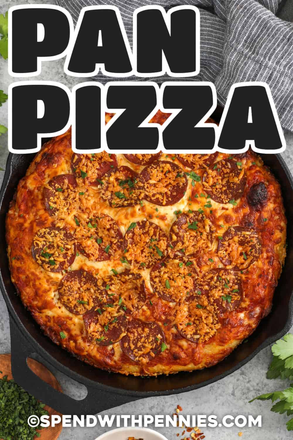 If you love skillet pizza, this pan pizza is a great one to save for easy dinners. A ready dough ball is pressed into an olive oil-coated cast iron skillet, then topped with sauce, mozzarella, pepperoni, and Parmesan before baking until bubbly. The result is a thick, crisp-edged pizza with classic flavor and a texture that feels just right for family pizza night or simple entertaining. #spendwithpennies Pan Pizza in the pan with a title