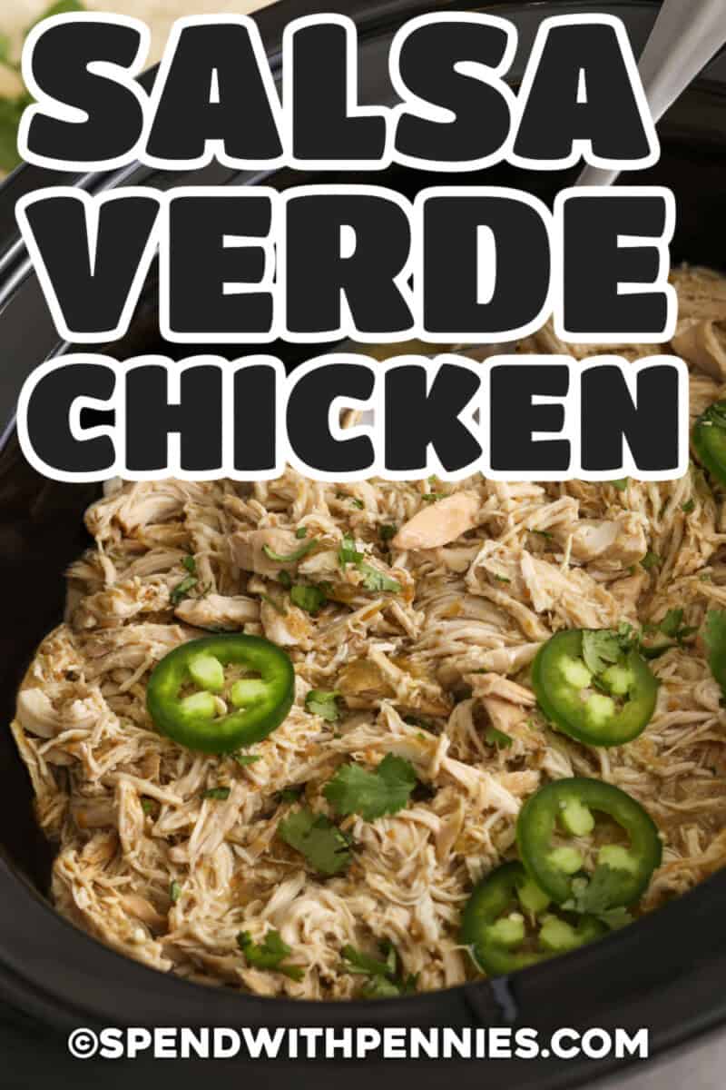 This easy salsa verde chicken recipe is a great fit for weeknights when there is no time for extra steps. There is no browning, no chopping beyond optional toppings, and very little cleanup. The chicken cooks in the crockpot until it is ready to shred, and the sauce keeps every bite flavorful. Serve it with rice, black beans, avocado, or shredded lettuce for a simple meal that feels fresh, hearty, and easy to adapt for the whole family. #spendwithpennies Salsa Verde Chicken with jalapeños on top and a tile
