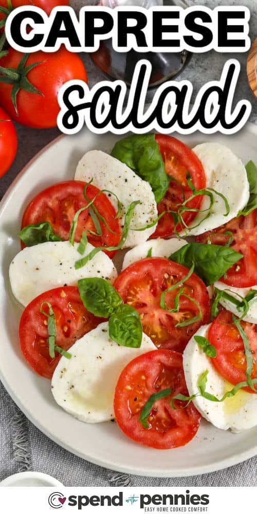 plated Caprese Salad with a title