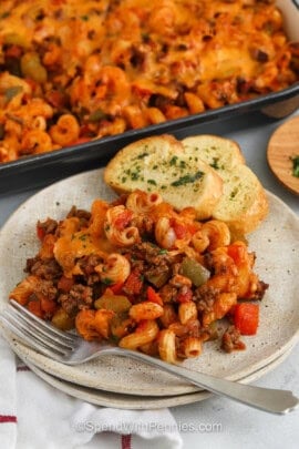 hearty Sloppy Joe Casserole on a plate with a fork
