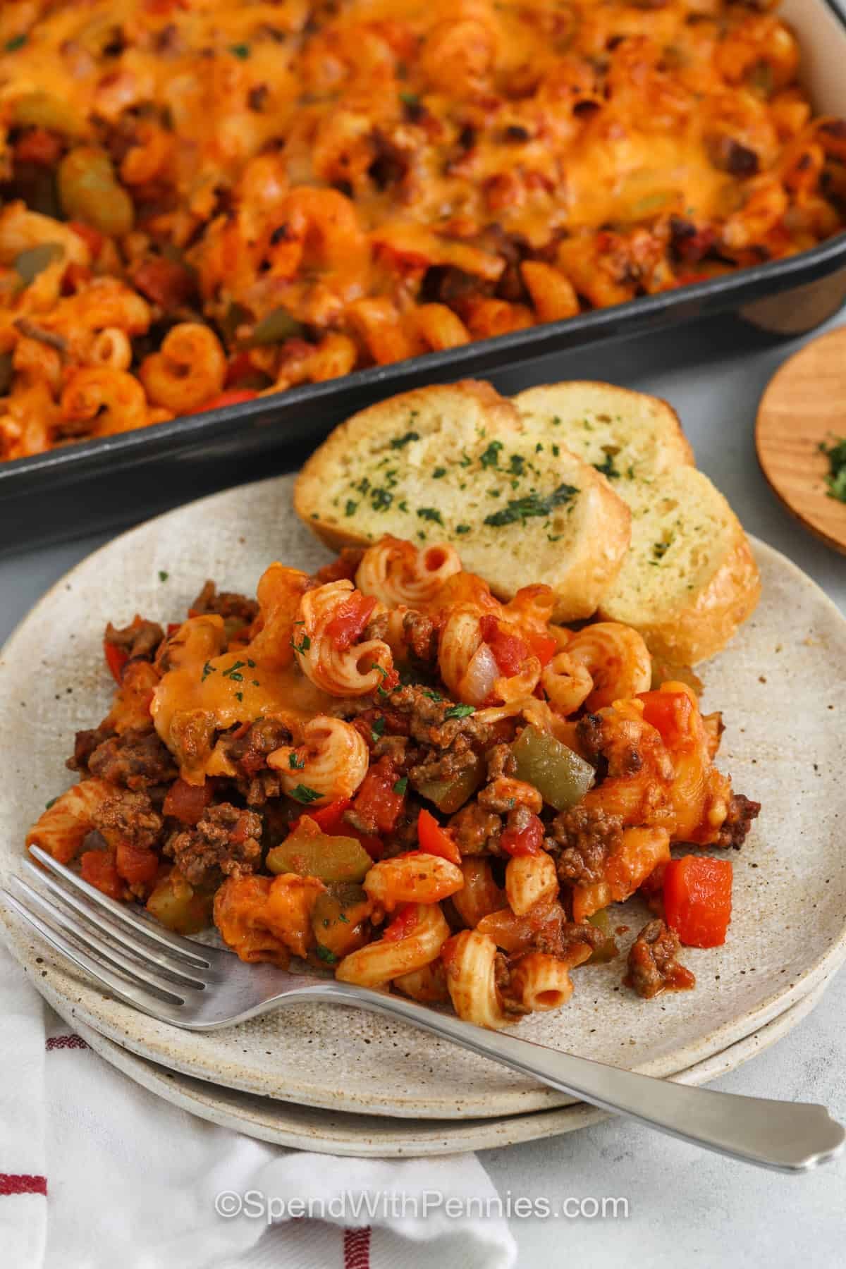 hearty Sloppy Joe Casserole on a plate with a fork