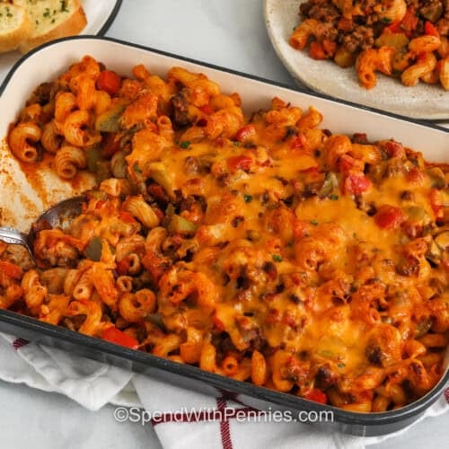 cheesy Sloppy Joe Casserole in the casserole dish