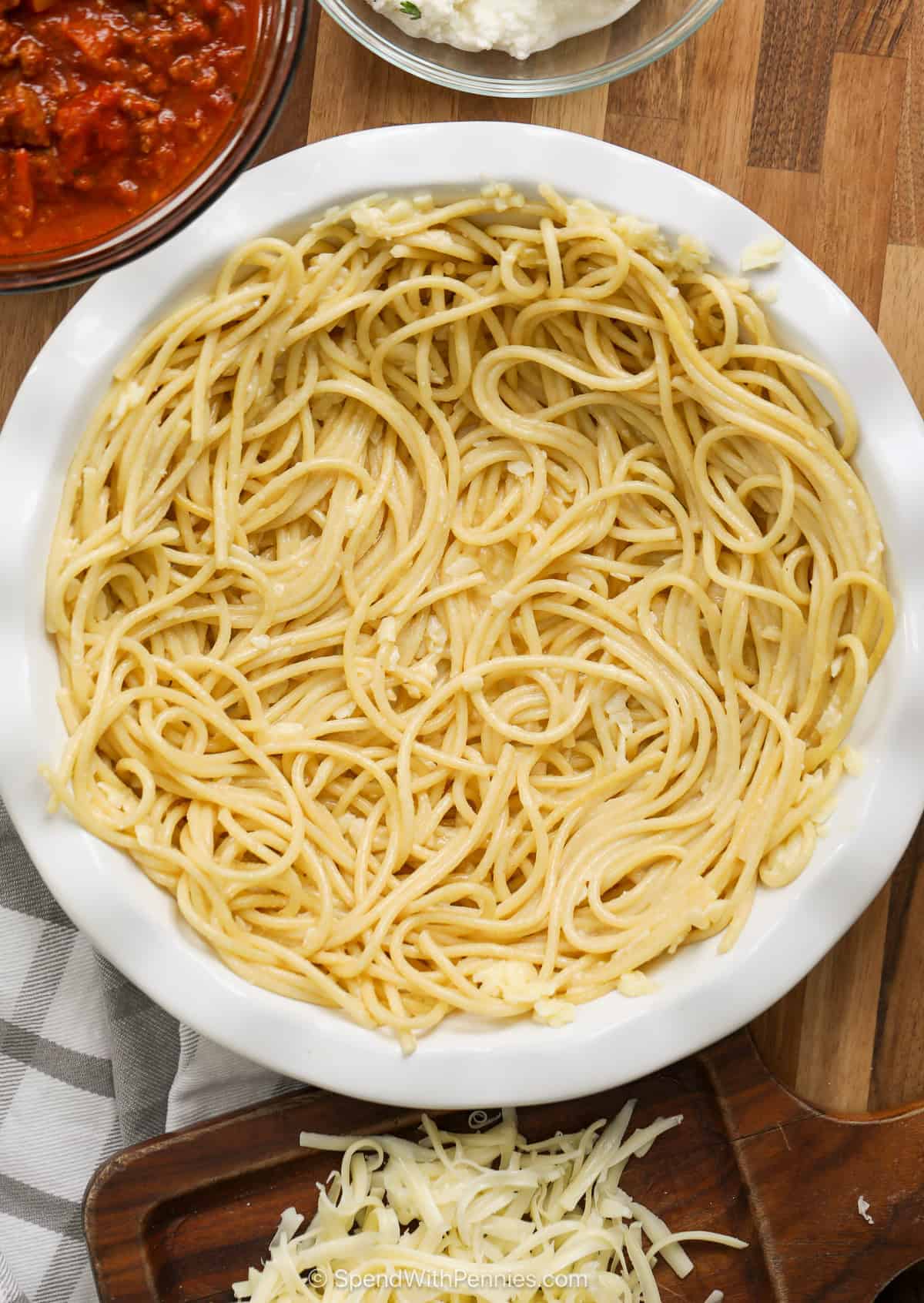 Straightforward Baked Spaghetti Pie 18 spaghetti in a pie dish for spaghetti pie