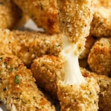close up of cheesy Air Fryer Mozzarella Sticks