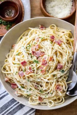cheesy Spaghetti Carbonara on a plate