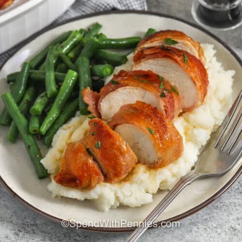 Bacon Wrapped Chicken with mashed potatoes and green beans
