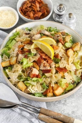 Chicken Caesar Pasta Salad with lemon slices