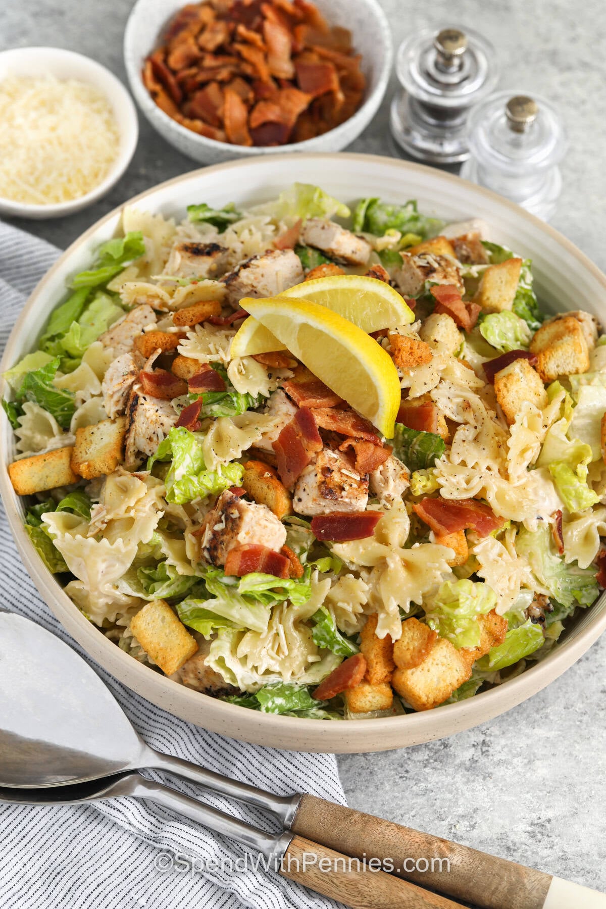 Chicken Caesar Pasta Salad with lemon slices
