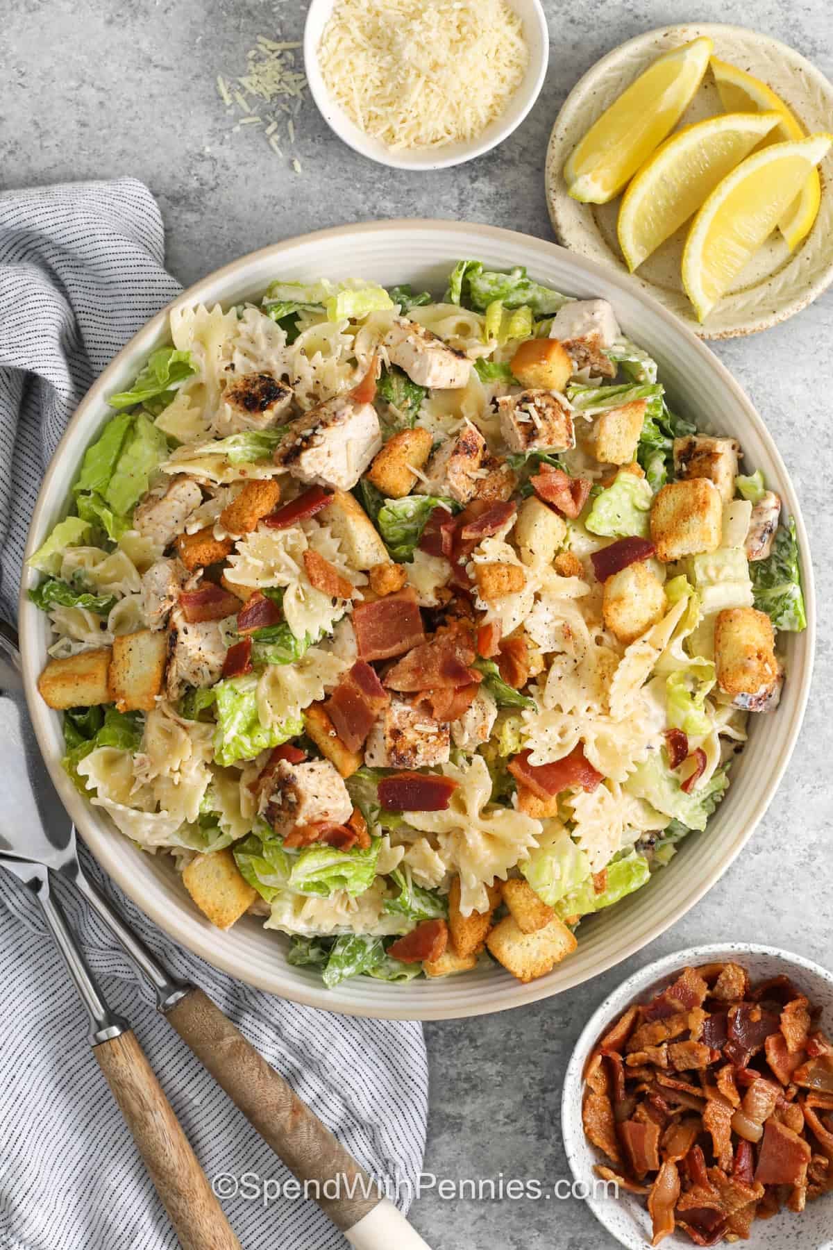 Chicken Caesar Pasta Salad with lemon and bacon