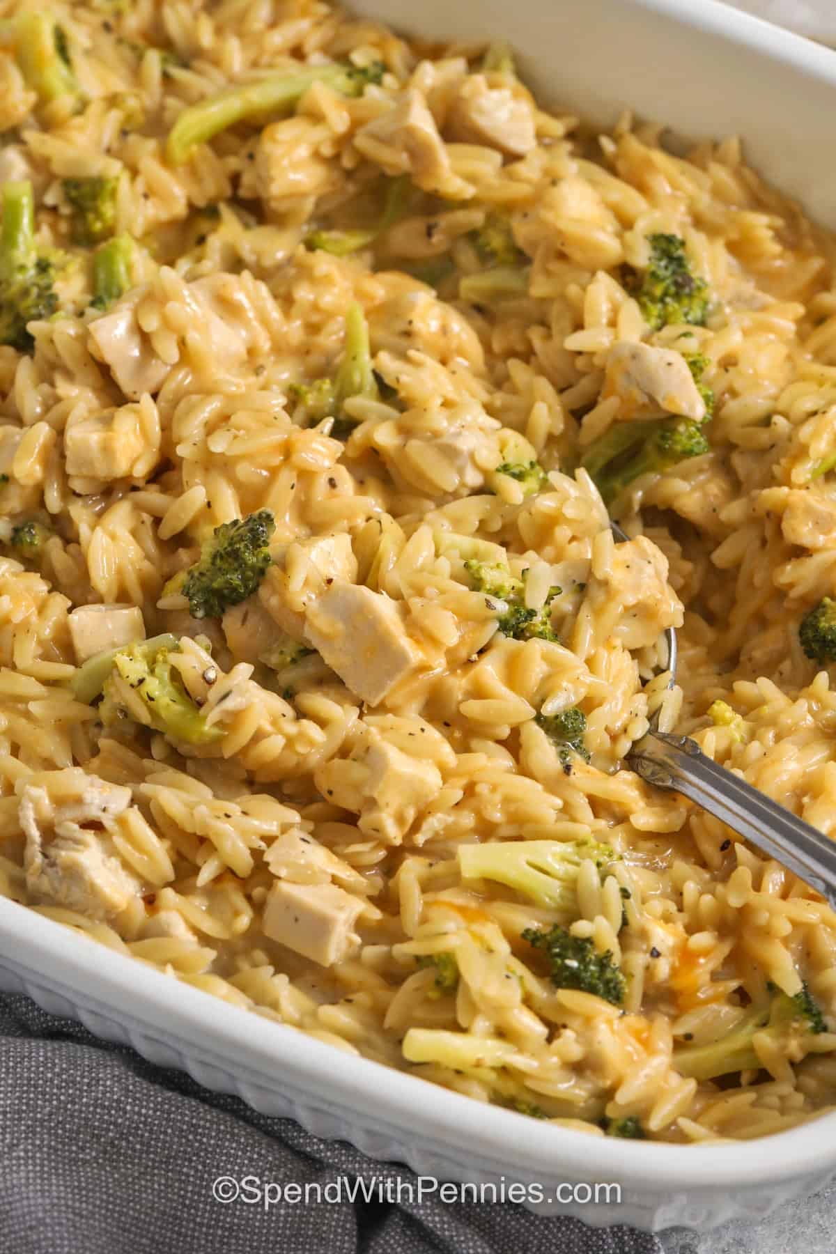 This cheesy baked chicken and orzo casserole is creamy, hearty, and made in one dish. The dry orzo cooks in broth and milk with chopped chicken, broccoli, garlic powder, and Italian seasoning, then cheddar and Parmesan are stirred in at the end. Letting it rest for a few minutes helps the sauce thicken so the casserole is creamy, scoopable, and ready for dinner. #spendwithpennies close up of cheesy Chicken Orzo Bake in the casserole dish