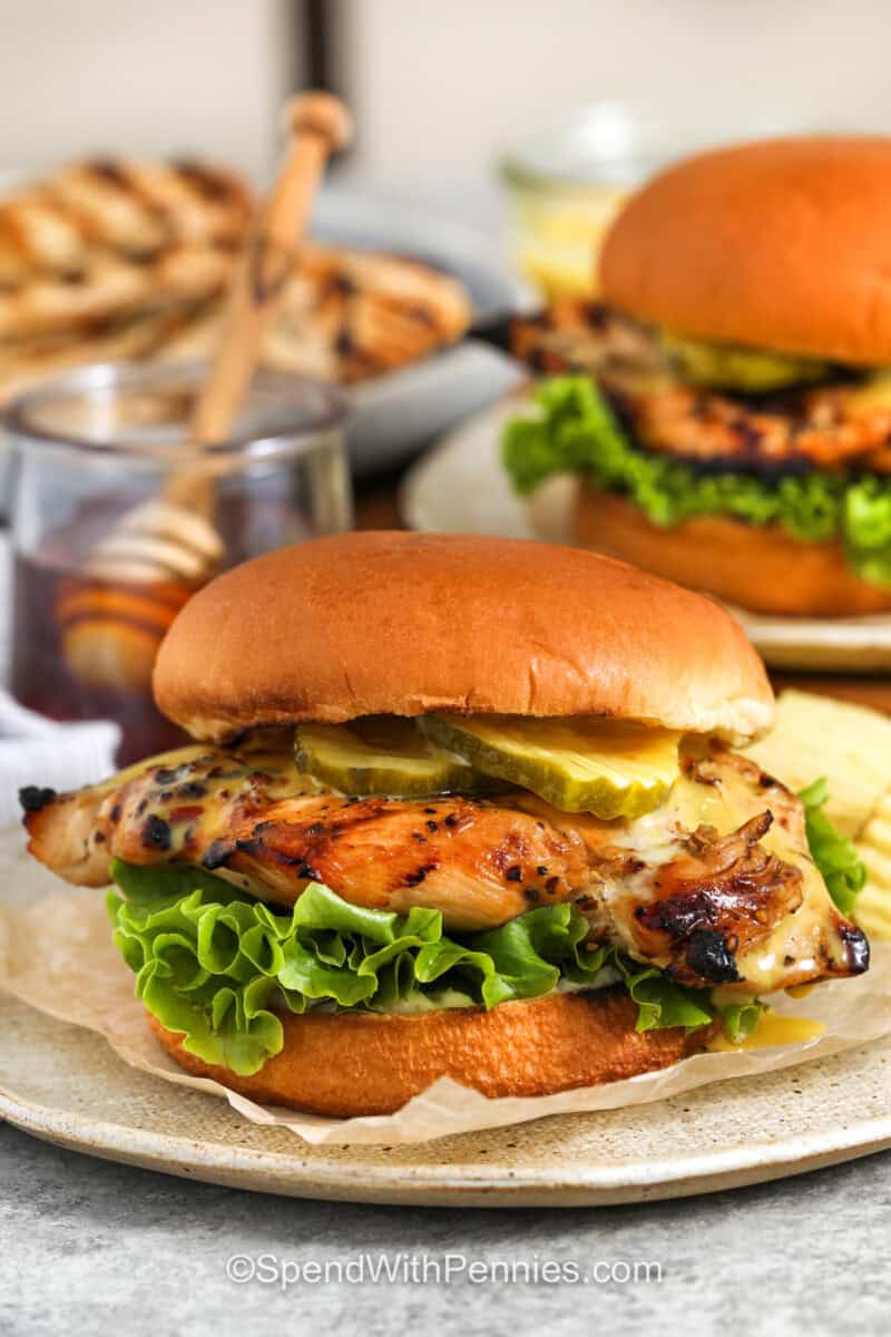 plates of Hot Honey Chicken Sandwich with chips