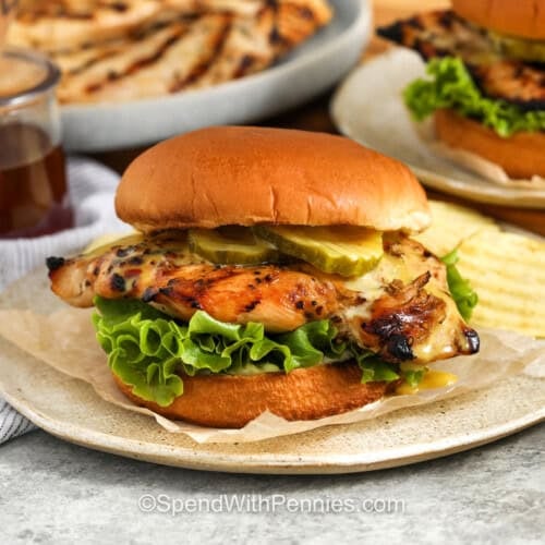 Hot Honey Chicken Sandwich on a plate with honey and sauce in dishes beside