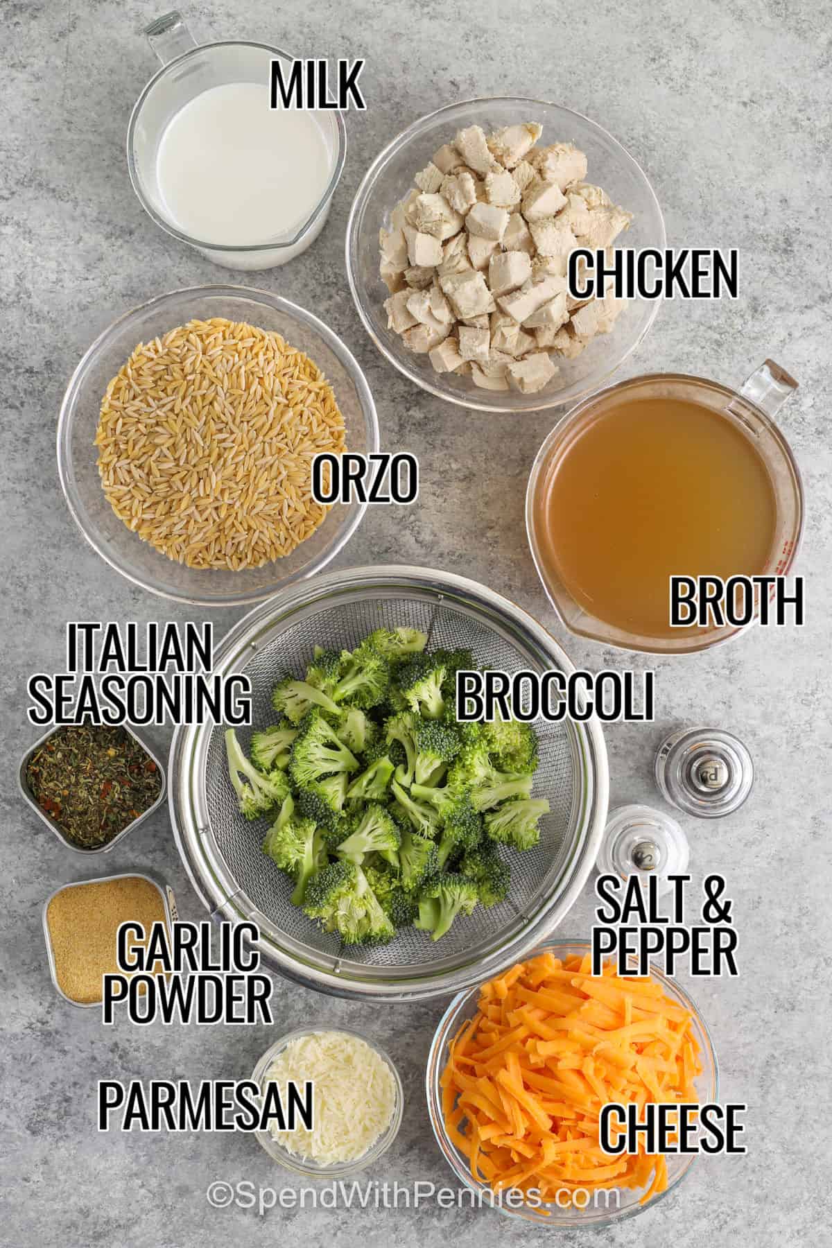 This creamy chicken orzo bake is a smart way to turn leftover chicken into a warm, cheesy dinner. Dry orzo, chicken broth, whole milk, broccoli, Italian seasoning, Parmesan, and cheddar bake together until tender and flavorful. It is budget friendly, family friendly, and easy to adjust with peas, spinach, cauliflower, mozzarella, or Monterey Jack cheese. #spendwithpennies milk , chicken , broth , orzo , broccoli , Italian seasoning , garlic powder , parmesan , cheese , salt and pepper with labels to make Chicken Orzo Bake