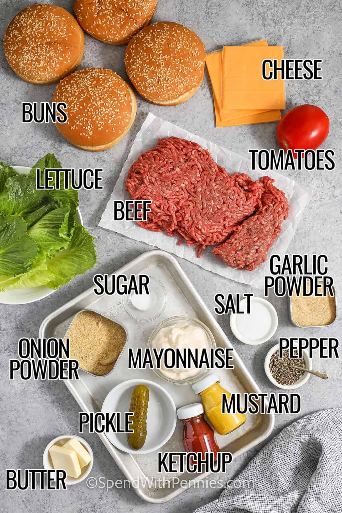 Smash burgers are a game-changer for burger night! These thin, crispy-edged patties are seasoned to perfection, stacked with melty cheese, and topped with a zesty homemade sauce. Serve them on a toasted bun with lettuce, tomato, and pickles for a meal that’s sure to impress. Once you taste these, you’ll never want burgers any other way! #spendwithpennies ketcup , mustard , pickle , mayonnaise , butter , garlic powder , sugar , onion powder , beef , tomatoes , cheese , buns , salt and pepper with labels to make Smash Burgers