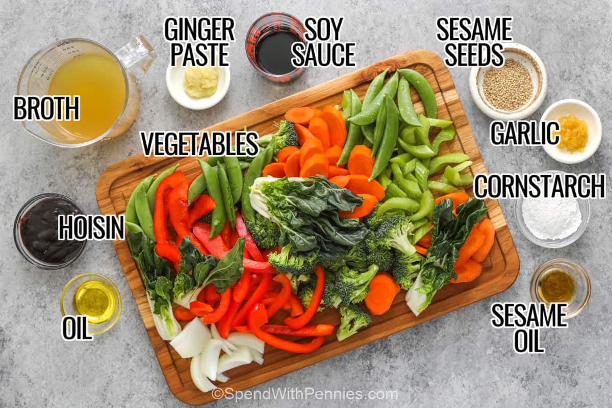 broth , hoisin , oil , ginger paste , vegetables , soy sauce , sesame seeds , garlic , cornstarch , sesame oil with labels to make Stir Fry Vegetables