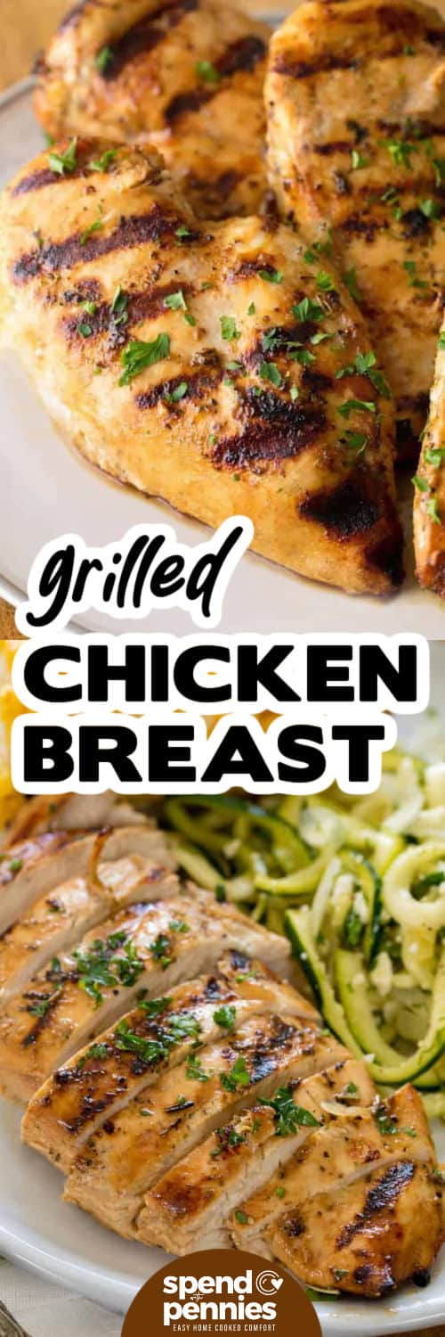 Grilled Chicken Breasts on a plate and a piece sliced on a plate with zucchini noodles and a title