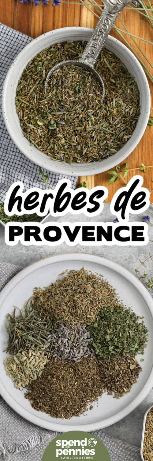 seasonings on a plate and mixed spices to make Herbes de Provence with a title