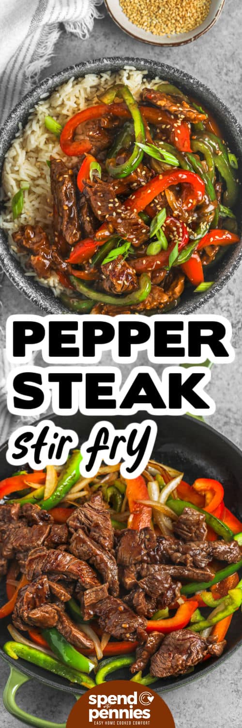 Homemade pepper steak with onions and bell peppers is an easy way to make a restaurant favorite at home. The sauce uses soy sauce, honey or brown sugar, ginger, garlic, and Worcestershire for a balanced savory flavor. This pepper steak recipe is flexible too, so you can add mushrooms, broccoli, snow peas, or extra peppers depending on what you have. #spendwithpennies Pepper Steak in the pan and on rice in a bowl with a title