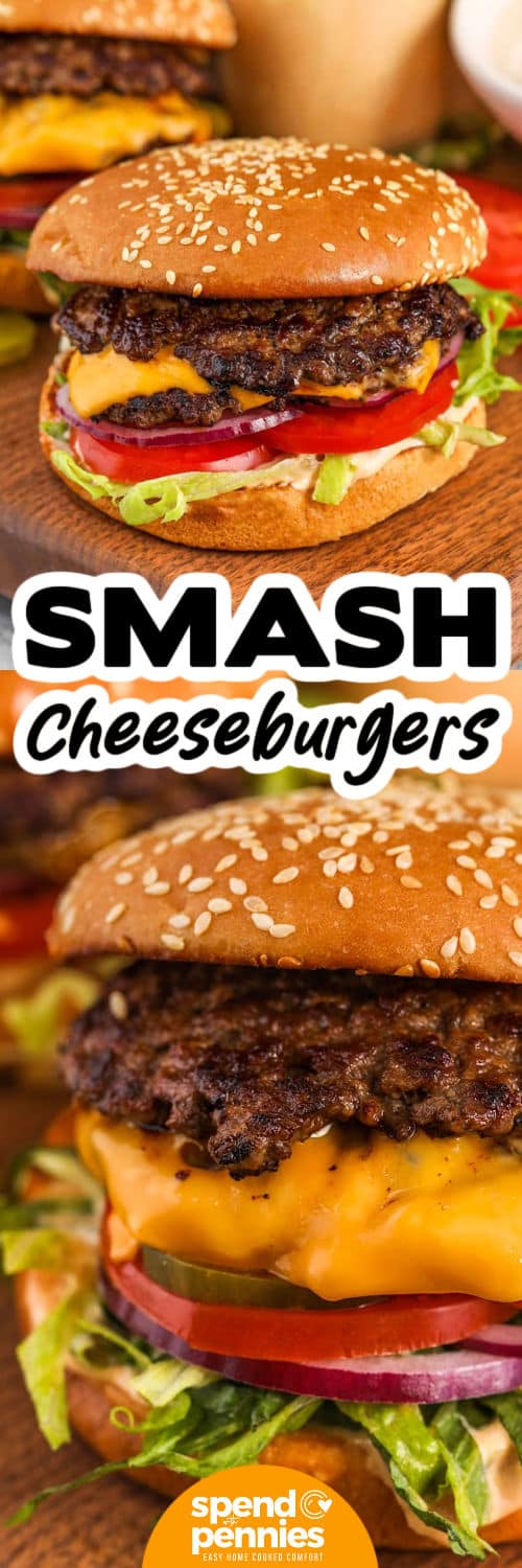 Smash Burgers on a wooden board and bottom photo close up with a title