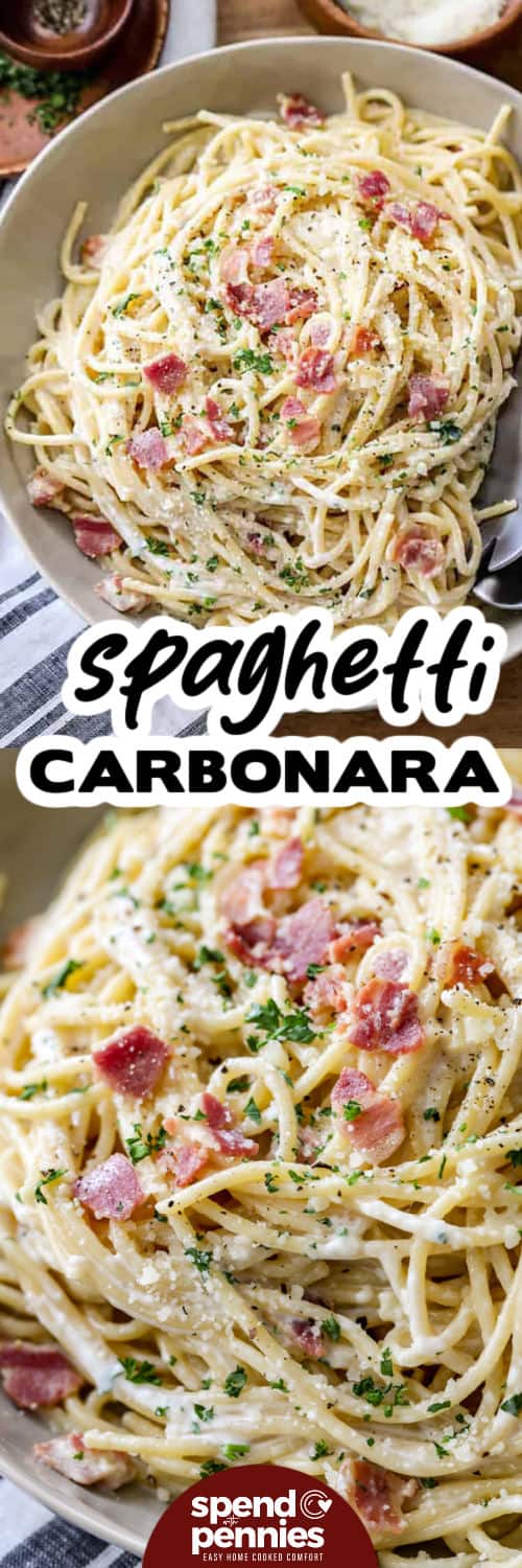 plated Spaghetti Carbonara and close-up photo below captioned