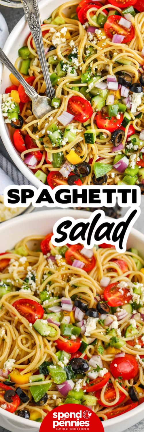 This easy spaghetti salad is tossed with a zesty Greek salad dressing and plenty of colorful vegetables for a simple summer side. The spaghetti is cooked al dente, cooled under cold water, and mixed with tomatoes, cucumber, bell pepper, red onion, olives, and feta. It is a practical recipe for meal prep, backyard dinners, and any occasion that needs a big bowl of pasta salad. Pin this recipe for quick meal planning. #spendwithpennies Spaghetti Salad in a bowl and bottom photo close up with a title