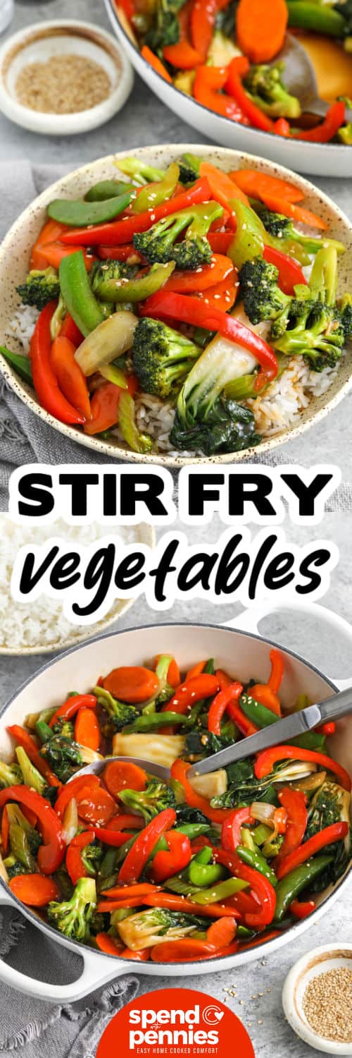 Stir Fry Vegetables in the pot and plated with a title