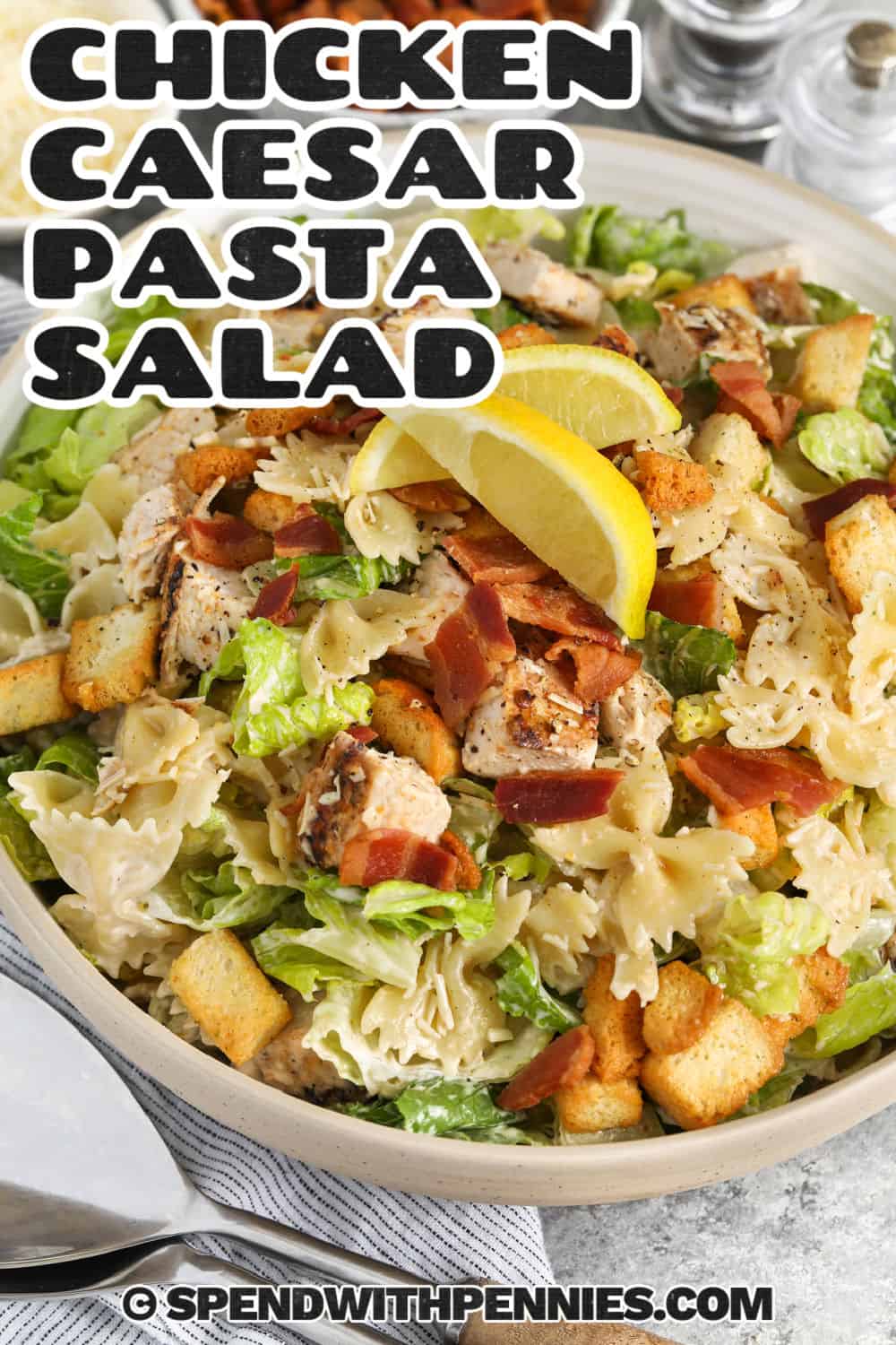 bowl of Chicken Caesar Pasta Salad with bacon