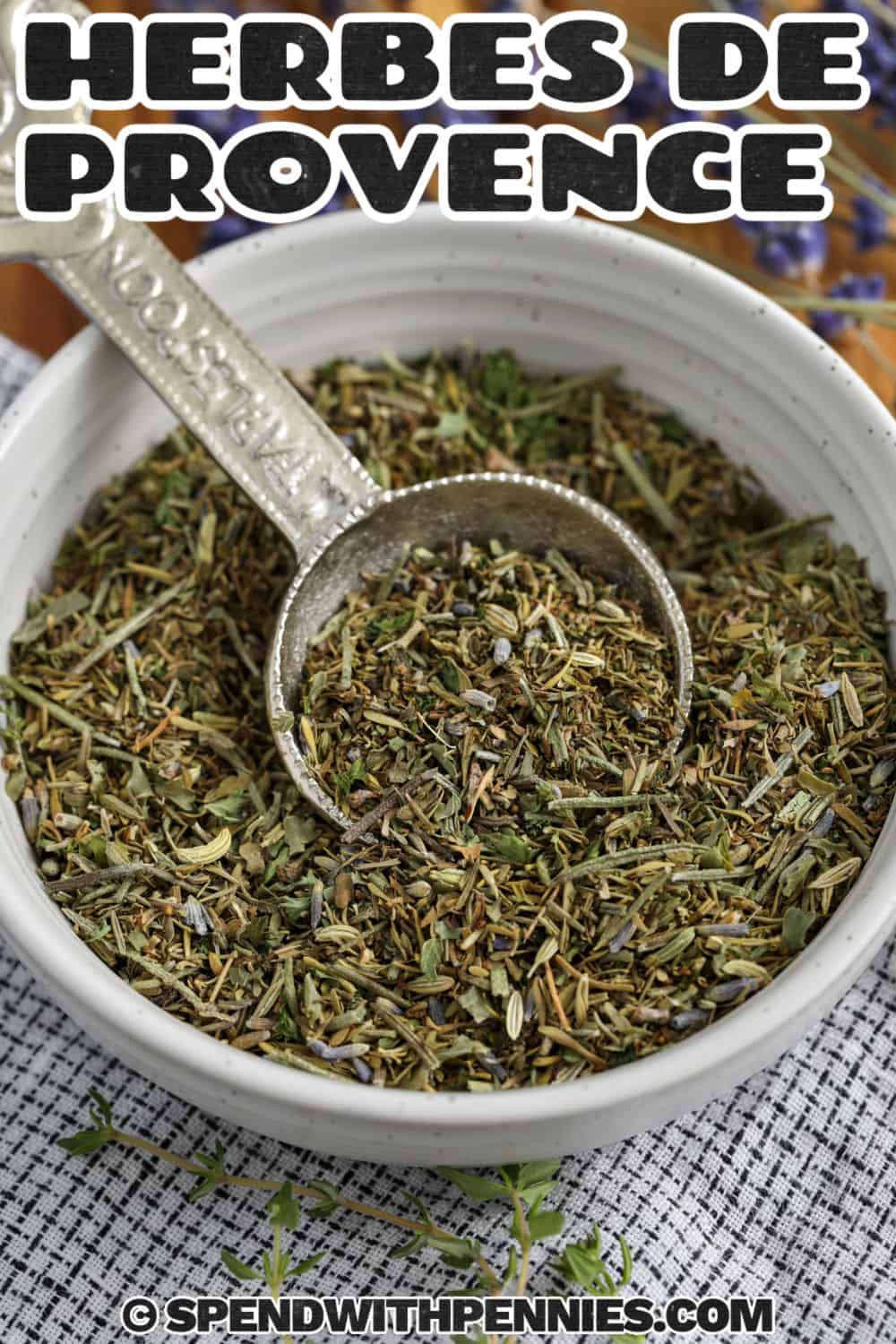 close up of Herbes de Provence with a title