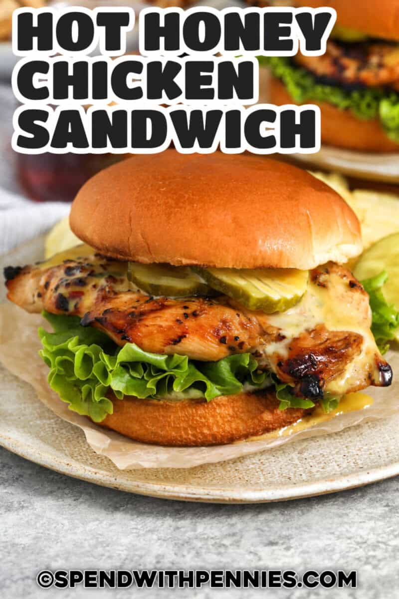 Hot Honey Chicken Sandwich with pickles and lettuce with a title