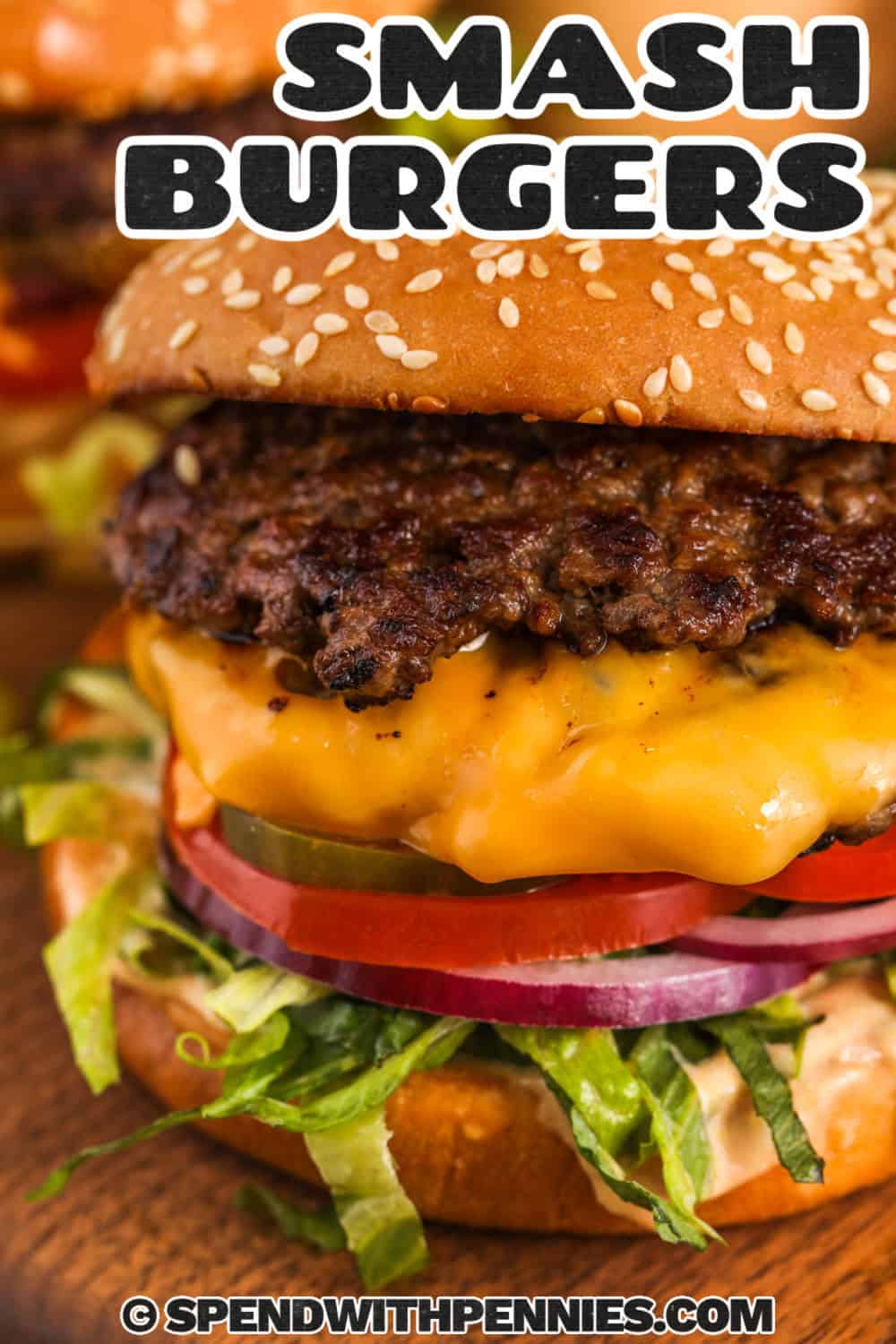close up of Smash Burgers with a title