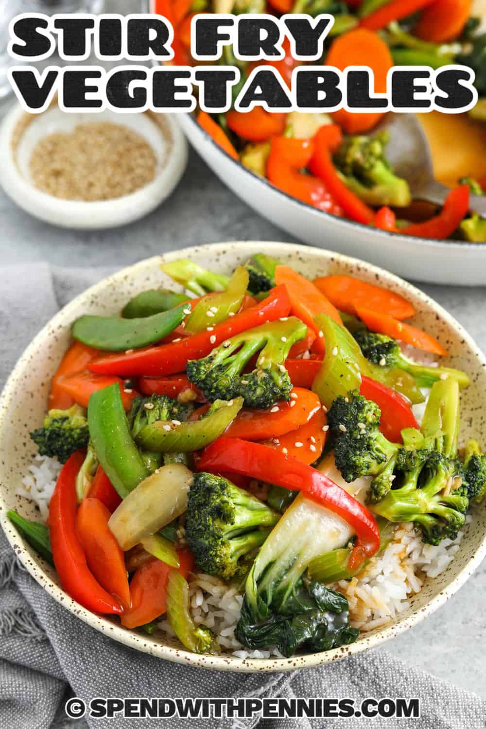 bowls of Stir Fry Vegetables with rice with writing