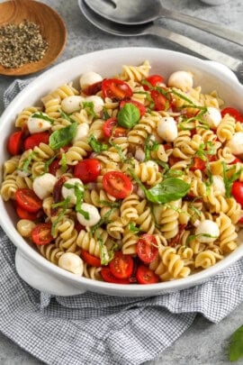 A bowl of caprese pasta salad