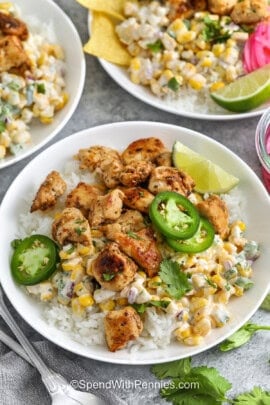 Street Corn Chicken Rice Bowl with lime and jalapeรฑos