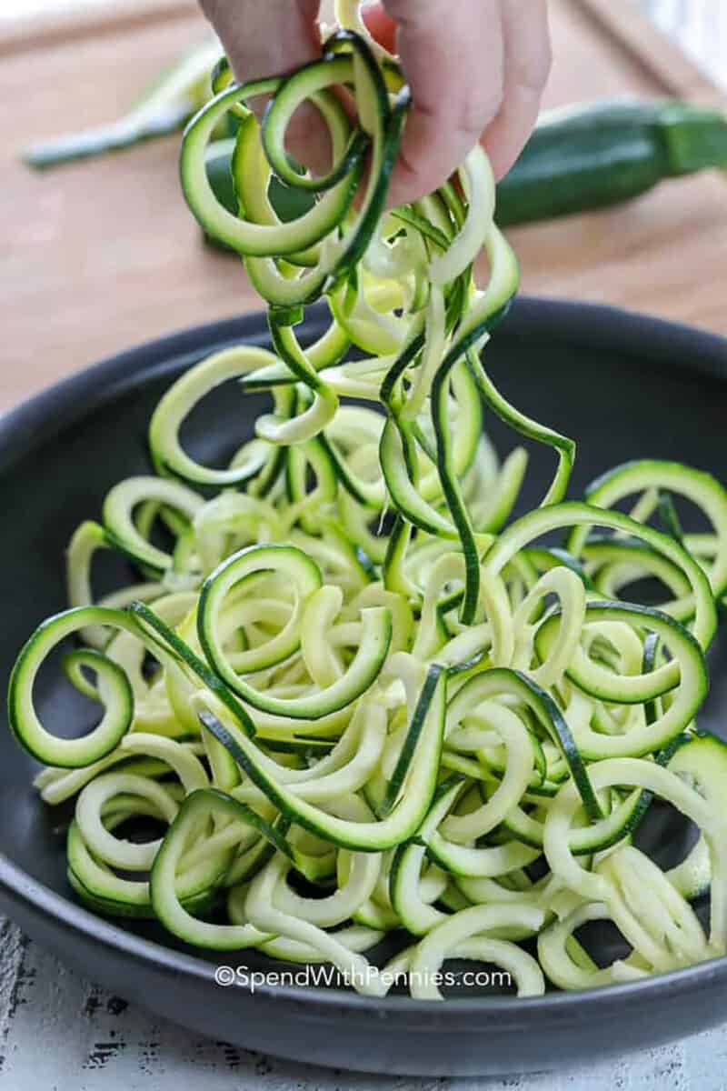 adding Zucchini Noodles to the pan