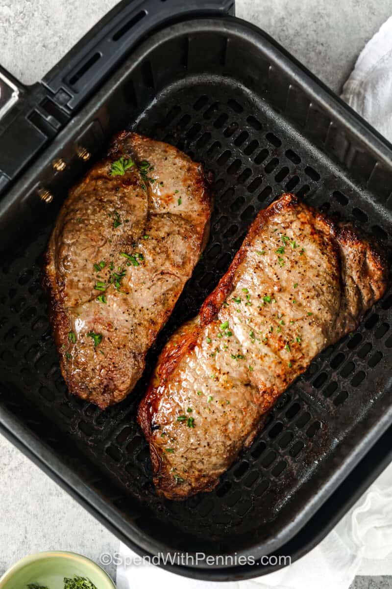 Air Fryer Steak in the fryer