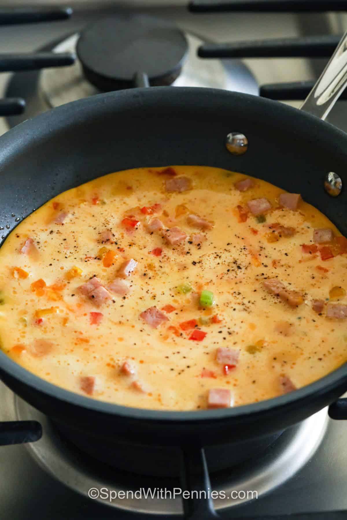 This Denver omelet recipe delivers classic diner flavor with tender eggs, savory ham, sweet peppers, onion, and gooey cheddar in every bite. Finely dicing the filling helps it cook quickly and makes the omelet easier to fold, while medium-low heat keeps the eggs tender. It makes one generous serving and is easy to customize with another melting cheese or cooked vegetables. Pin the recipe for a cozy weekend breakfast. #spendwithpennies cooking Denver Omelet in a pan