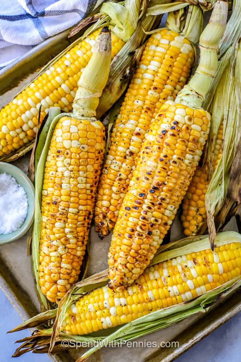 sheet pan with Grilled Corn on the Cob and salt