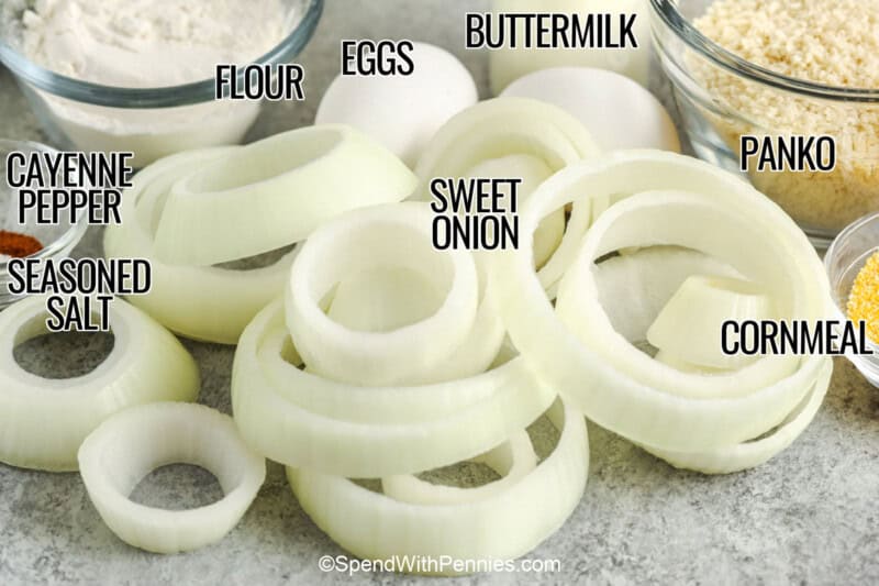 flour , eggs , buttermilk , panic , cornmeal , sweet onion , seasoned salt and cayenne pepper with labels to make Air Fryer Onion Rings