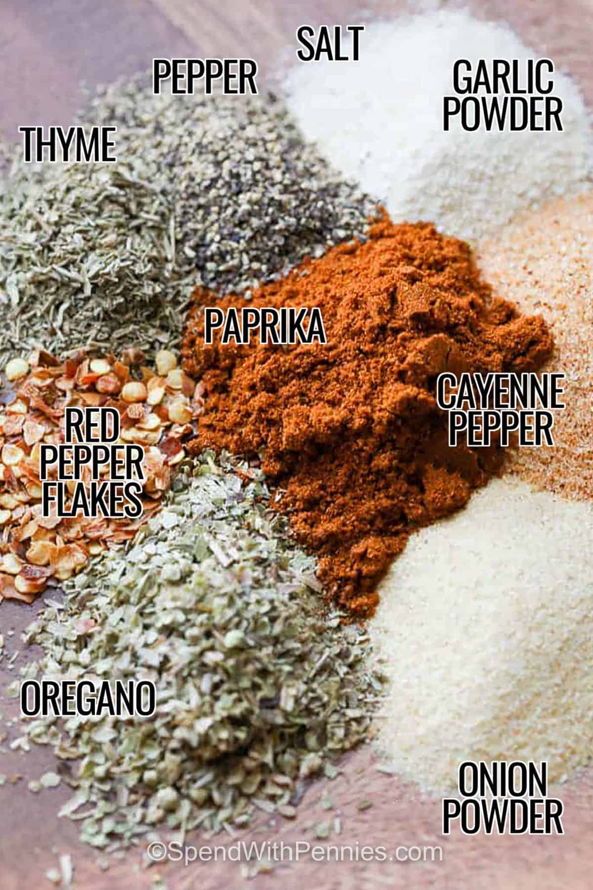 salt , garlic powder , pepper , thyme , paprika , cayenne pepper. red pepper flakes , oregano , onion powder with labels to make Cajun Seasoning