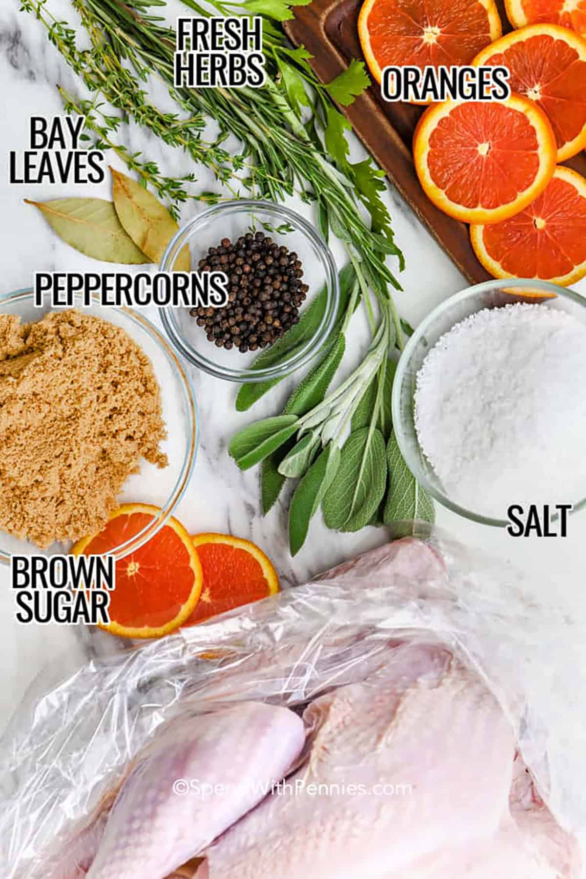 This wet turkey brine uses a simple stovetop method to dissolve kosher salt and brown sugar before broth, herbs, garlic, and optional citrus are added. Once chilled, the flavorful mixture surrounds the turkey and seasons it evenly. Make it ahead to keep holiday preparation on track, then drain and pat the turkey thoroughly dry before roasting for flavorful meat and beautifully browned, crisp skin. Save this recipe for your next Christmas or Thanksgiving meal. #spendwithpennies Labelled ingredients for turkey brine