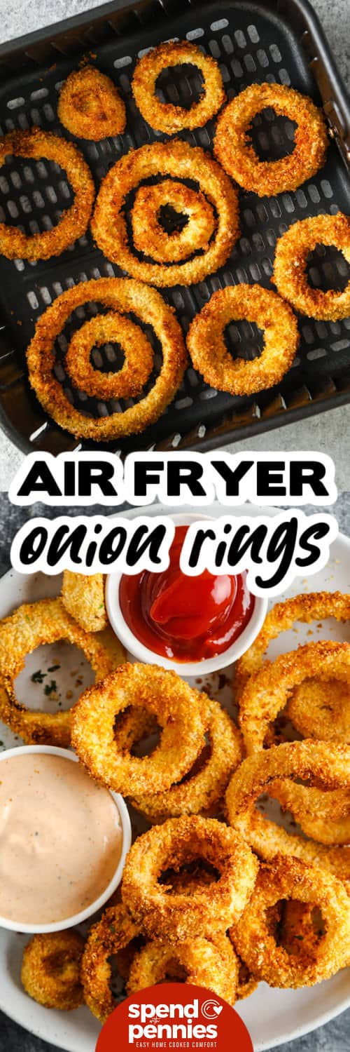 Air Fryer Onion Rings in the fryer and plated with a title