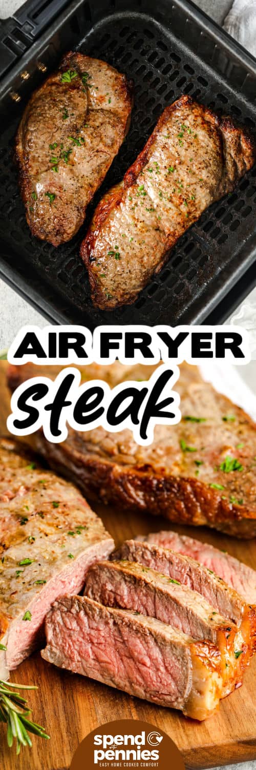 Skip the grill and make perfectly cooked Air Fryer steak any time of year. Butter and steak seasoning create incredible flavor while the air fryer locks in the juices for tender, delicious steak every time. This quick recipe uses just a handful of ingredients and minimal cleanup, making it a dependable dinner you'll want to make again and again. Save this recipe to your favorite dinner board. #spendwithpennies Air Fryer Steak in the fryer and sliced with a title