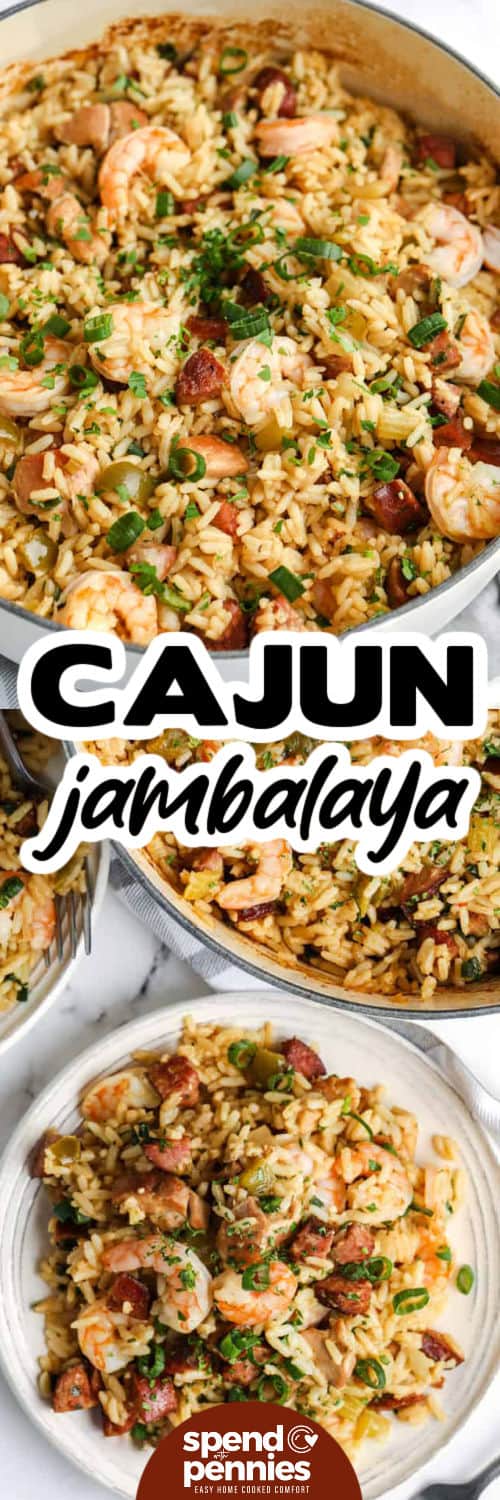 This oven baked Cajun jambalaya brings together Cajun seasoning, juicy shrimp, smoky sausage, chicken, and tender rice in one cozy pot. The vegetables cook in the browned bits from the meat for extra flavor before the broth and rice are added. It is a comforting dinner with big Louisiana-style flavor, simple prep, and fewer dishes to wash. Pin this recipe for your next meal. #spendwithpennies Cajun Jambalaya in the pot and plated with a title
