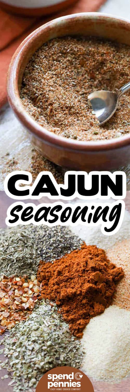 Cajun Seasoning spices on a plate and mixed in a bowl with a title