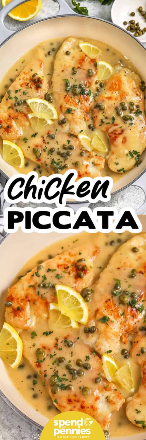 This easy chicken piccata turns simple chicken breasts into a bright and buttery skillet dinner. Thin cutlets are lightly coated in flour, browned until golden, and finished in a smooth sauce made with fresh lemon, dry white wine, chicken broth, and briny capers. Serve it over angel hair pasta, rice, or mashed potatoes for a comforting meal that feels restaurant-worthy without complicated preparation. Pin it to your meal board. #spendwithpennies chicken piccata with writing