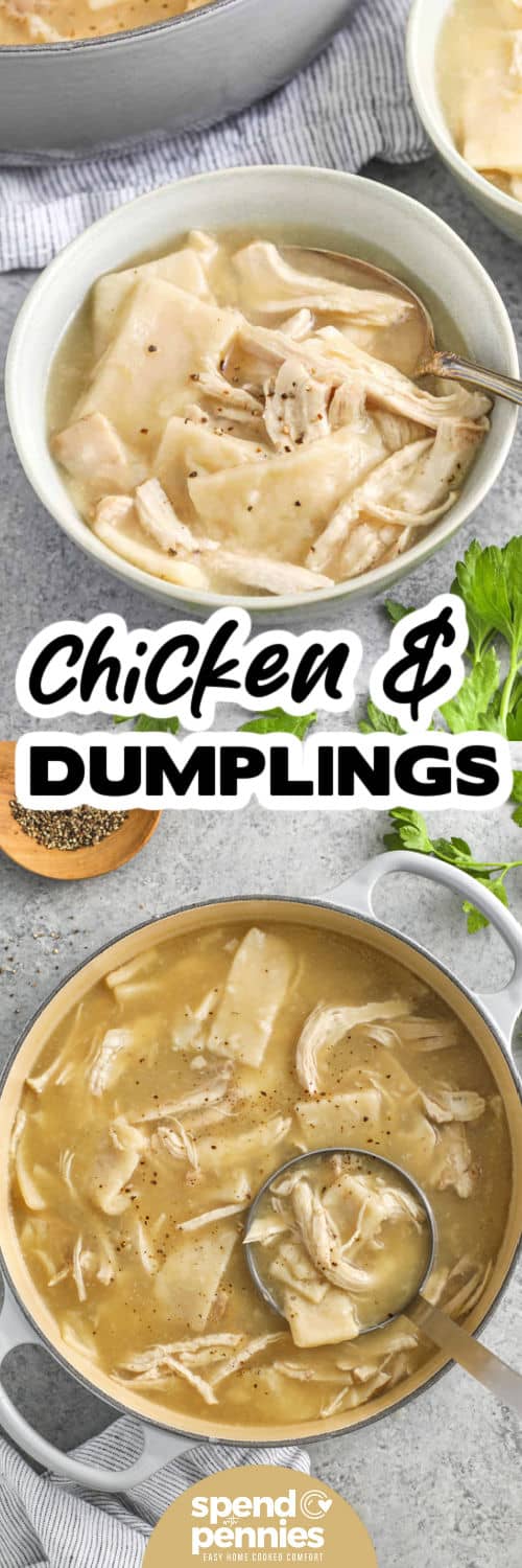 Chicken and Dumplings in the pot and top photo plated with a title
