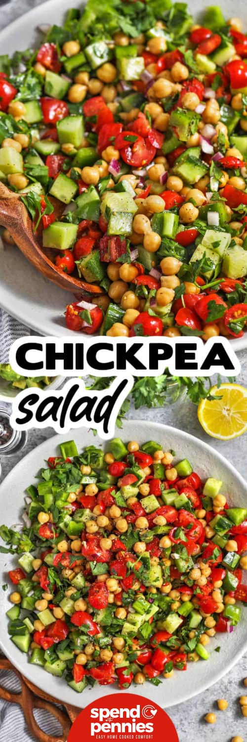 This cucumber chickpea salad combines crunchy vegetables and hearty garbanzo beans in a simple homemade vinaigrette. Fresh lemon, olive oil, red wine vinegar, and cumin add tangy, savory flavor without a heavy dressing. Prepare the salad ahead and let it chill before serving so the chickpeas absorb the dressing. It is an easy choice for picnics, potlucks, weekday lunches, or summer dinners. Pin it to your side dish board. #spendwithpennies plated Chickpea Salad and close up with a title
