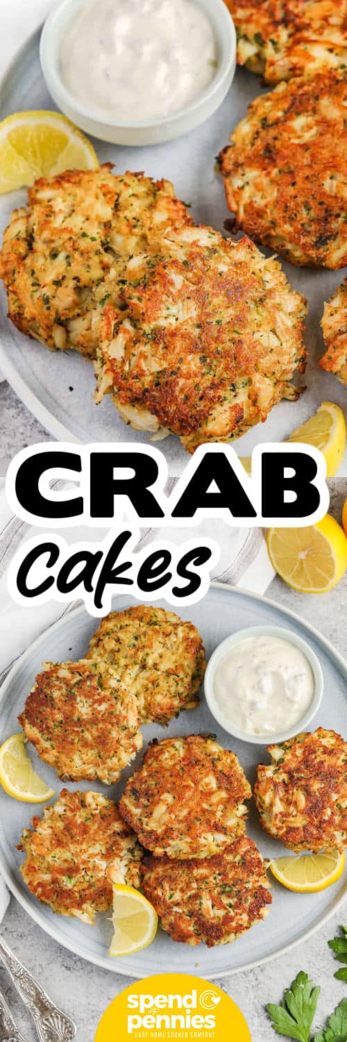 This pan-fried crab cake recipe gives you crisp, golden surfaces and juicy pieces of crab in every bite. The mixture has very little filler, allowing lump crab meat to remain the main flavor and texture. Fresh parsley and lemon zest keep the cakes bright, while Dijon and Old Bay add a classic savory finish. Shape them in advance, refrigerate until firm, and cook them just before serving with slaw, salad, or a creamy dipping sauce. Pin it for dinner tonight. #spendwithpennies Crab Cake Recipe on a plate and close up with a title
